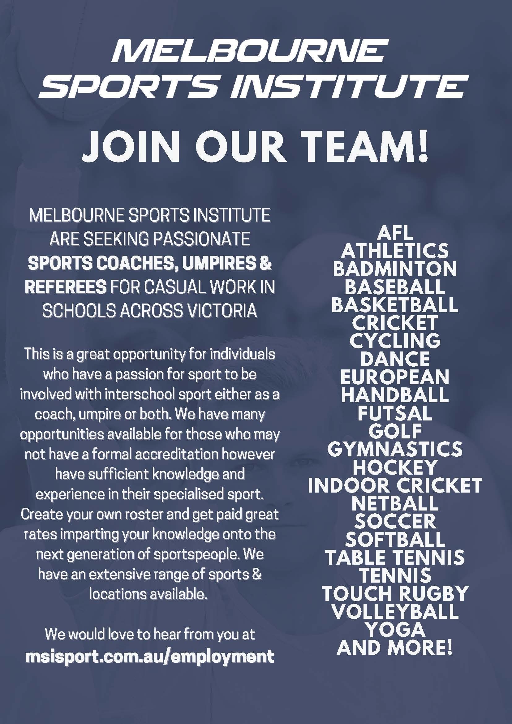 School Coaching, Umpiring & Refereeing Work Opportunities